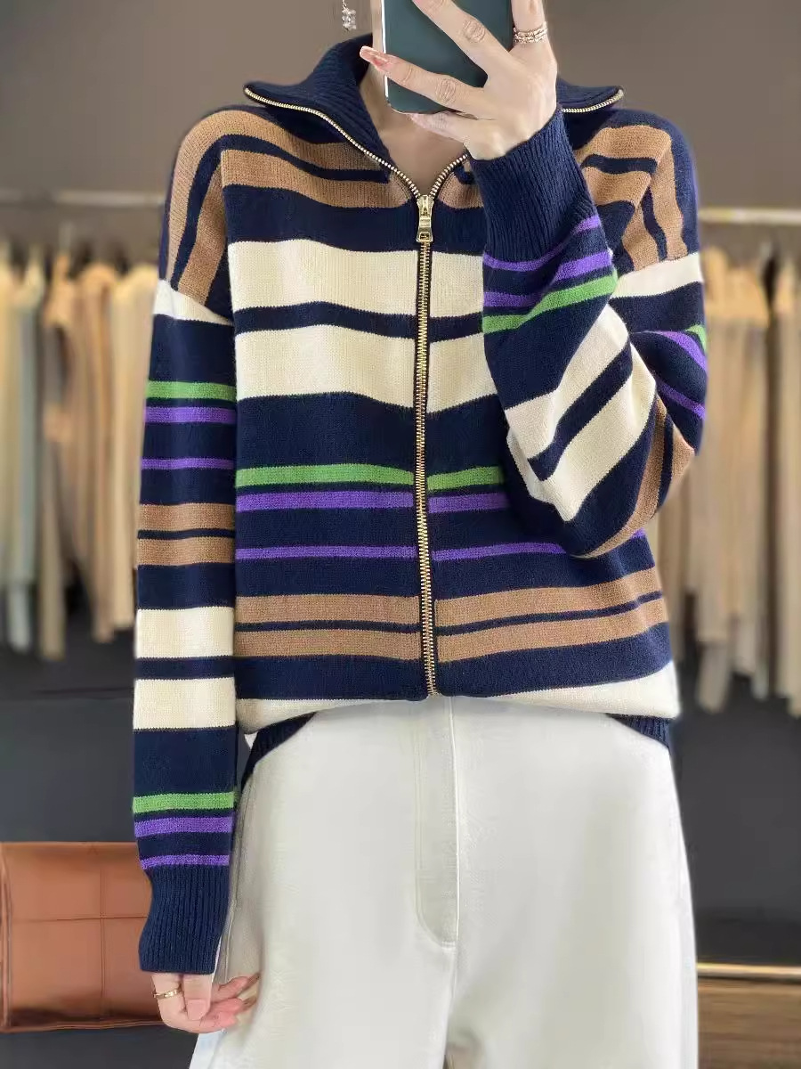 2024 Autumn and Winter New Lapel Contrast Color Knitted Cardigan Color Striped Design Sense Sweater Loose All-match Top