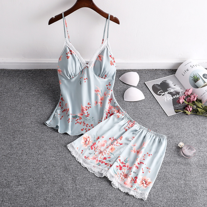 New printed summer sexy seductive ice silk pajamas women's two-piece lace suit with chest pad outerwear homewear