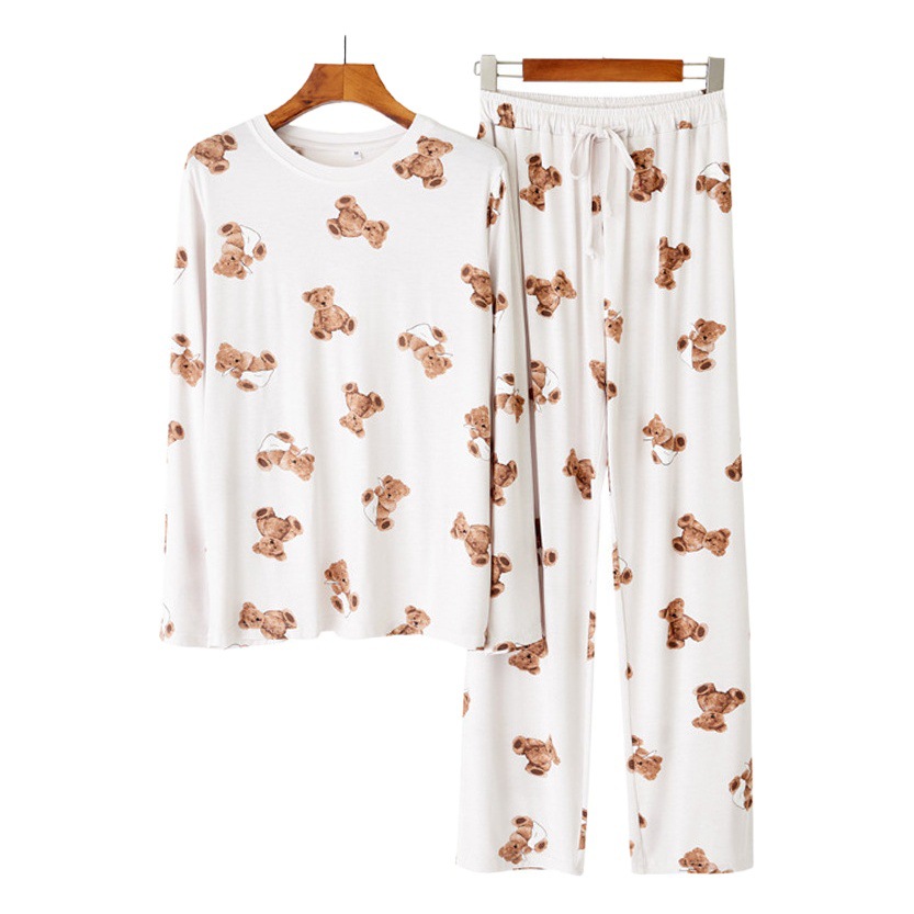 Japanese Style Modal Pajamas Women's Spring and Autumn Thin Long Sleeve Cartoon Cute Bear Loose Round Neck Home Suit