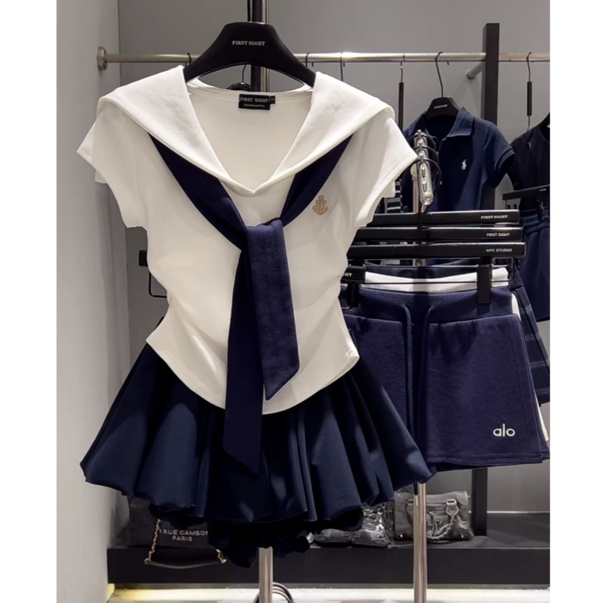 Picture of Korean Style Navy Collar Casual Sportswear Suit for Women Summer Vacation Two-Piece Shawl + Short Skirt Two-Piece Set Ins