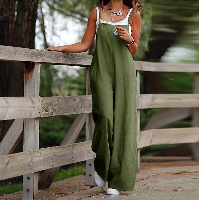 Cross-border European and American Cross-border Fashion Leisure New Women's Pocket Cotton and Linen Casual Sling Jumpsuit