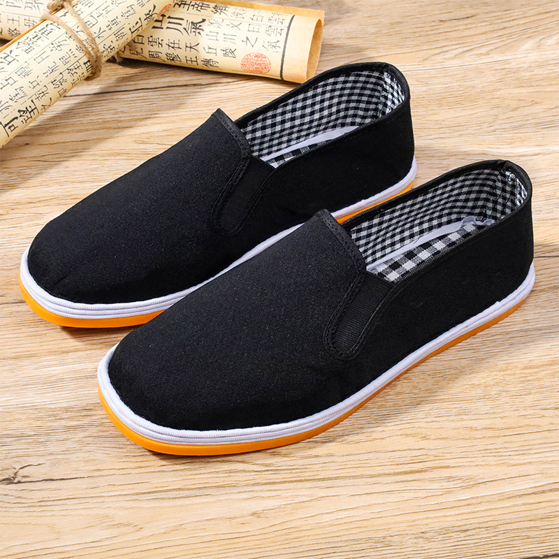 Men's Slip-On Shoes with Rubber Sole, Old Beijing Cotton Fabric, Elastic Fabric, Layered Cushion, Black Cloth Shoes