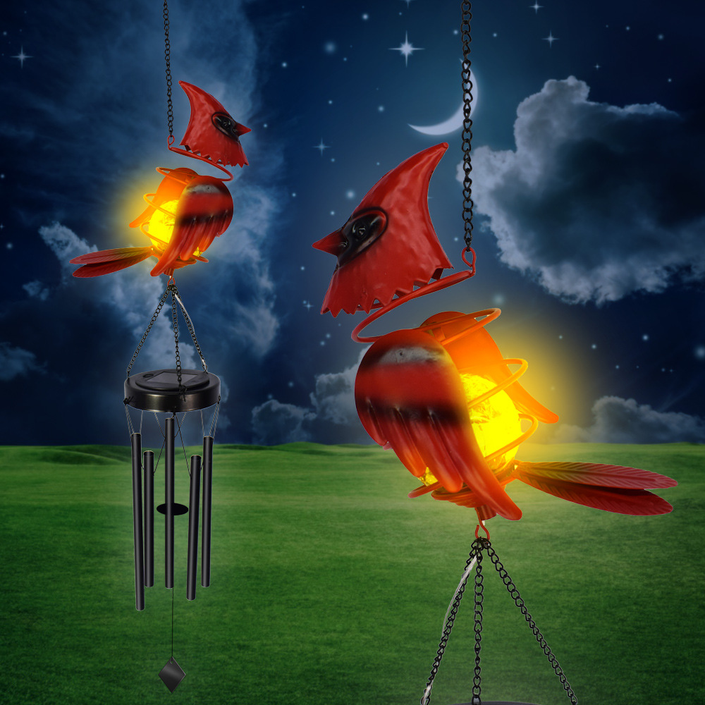 Solar Wind Chime Outdoor Garden Light Red Bird Pendant Decorative Light Outdoor Garden Decoration Iron Landscape Light