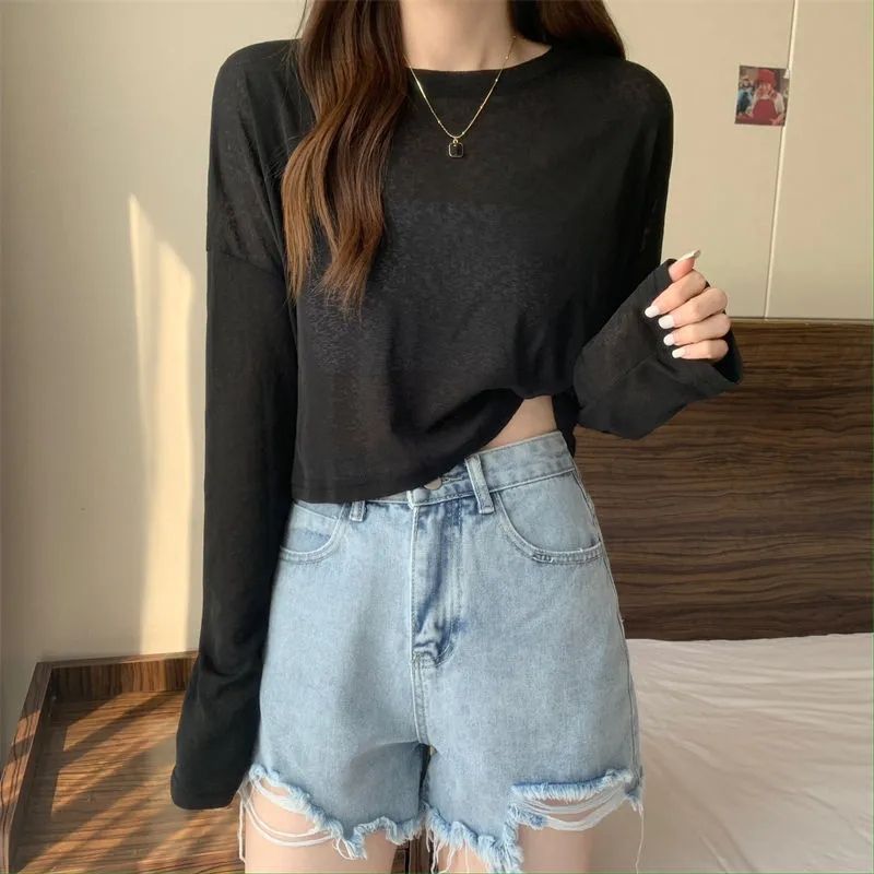 Sunscreen Clothing Long-sleeved T-shirt Women's New Summer Ice Silk Korean-style All-match Loose Thin Air-conditioning Shirt Top Short Ins