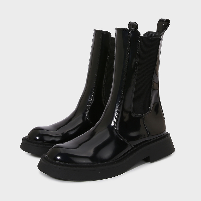 Za2024 Autumn and Winter New Women's Shoes Black Groove Pattern Thick Sole Thick Heel Chelsea Style Short Boots British Style Boots