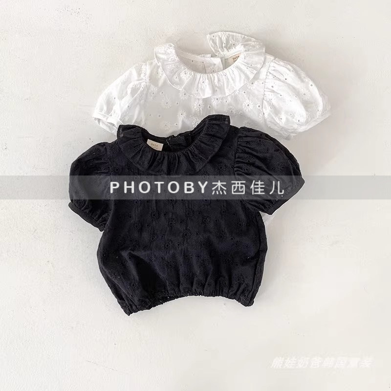South Korea New Children's Wear Girls 2025 Summer Lace Hollow Flower Stylish Cute Fashionable Doll Short Sleeve Shirt