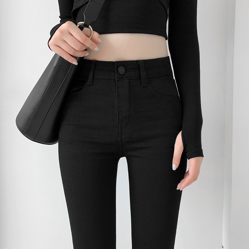 Black Jeans Women's Pants 2024 Spring and Autumn New High Waist Elastic Tight All-Match Slim fleece-lined Leg Trousers