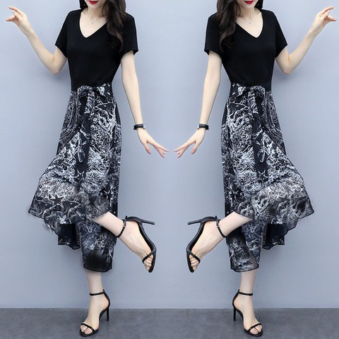 Summer Women's Elegant Waist Slimming Short-Sleeved Dress Women's Popular Chiffon Mid-Length Skirt Plus Size Women's Skirt