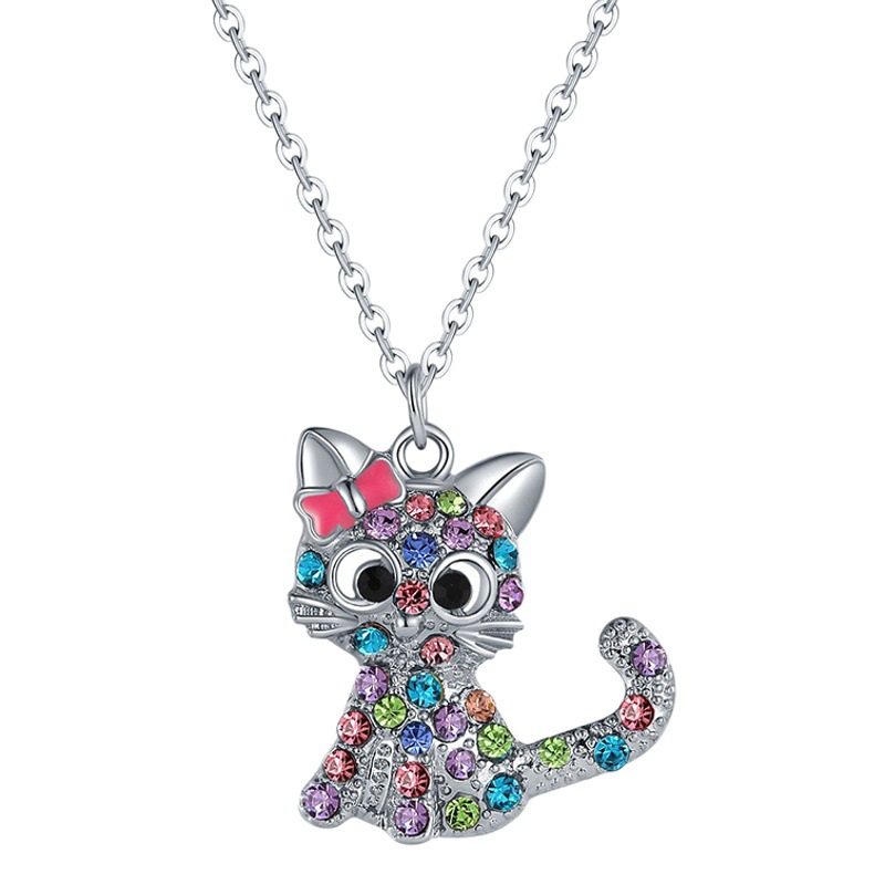 Cross-border wish cute color cat diamond pendant simple jewelry female European and American animal cartoon clavicle chain necklace