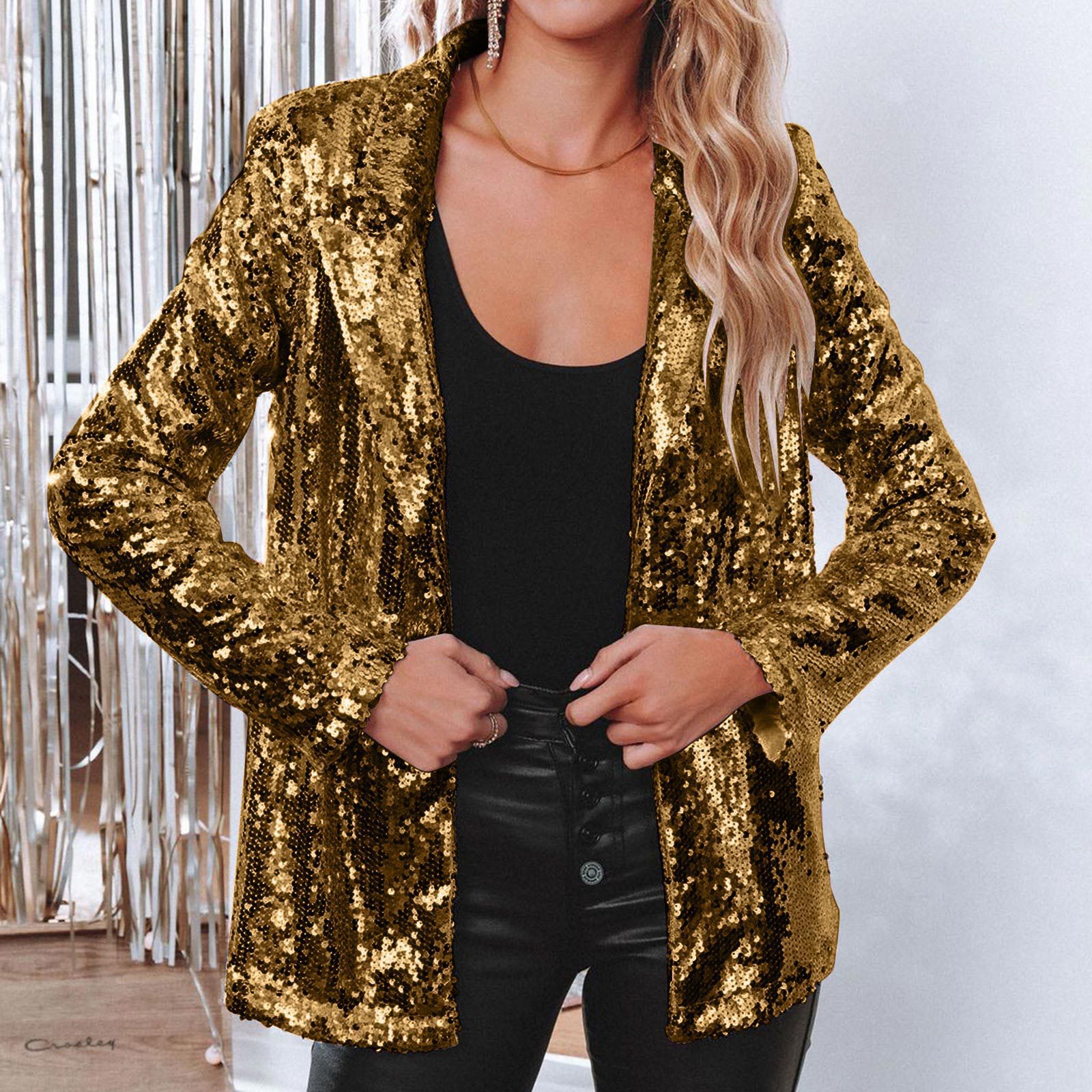 2025 Amazon small suit Europe and America Amazon cross-border new cardigan lapel long sleeve sequin casual coat women