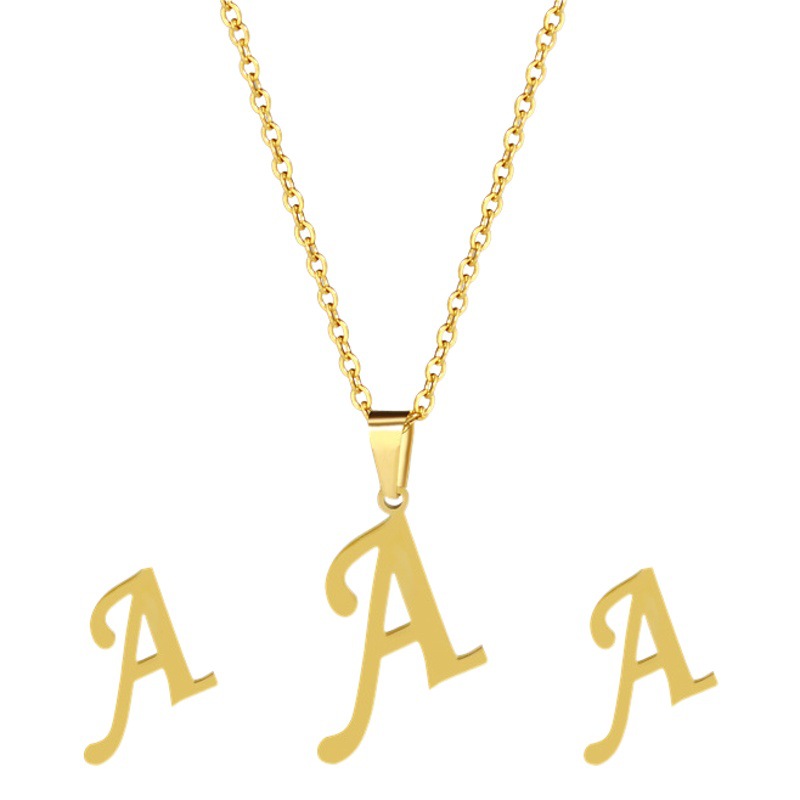 Stainless Steel 26 Letter Pendant Necklace Set European and American New Earrings Letter Necklace Two-Piece Set Accessories Wholesale