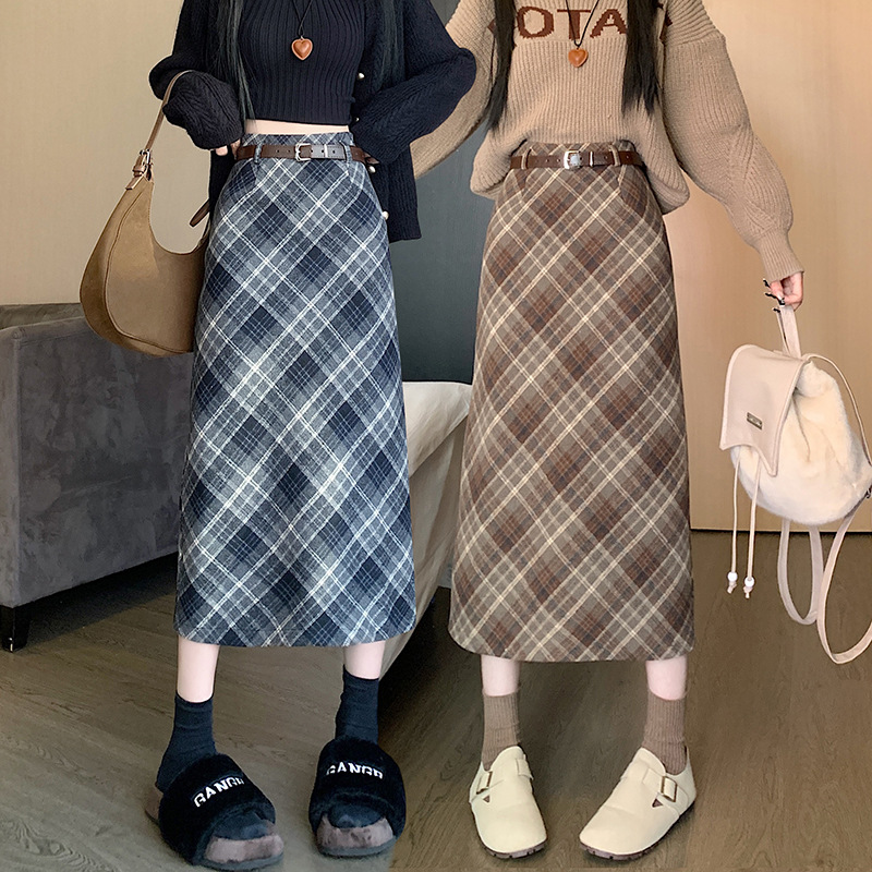 Woolen Plaid Skirt Women's 2024 New Autumn and Winter Distinctive High Waist A- Line Hip Back Split Mid-Length Skirt