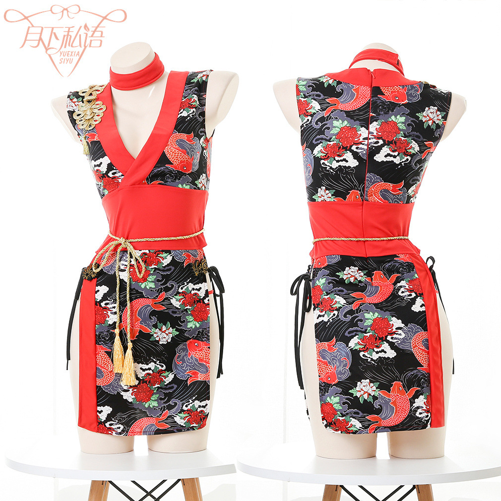 Sexy lingerie role-playing clothing dance Princess Women's double split printed uniform suit lace-up retro kimono clothing