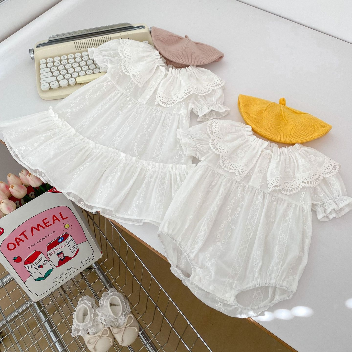 Picture of INS Summer New Sweet Girls Lacy Collar Thin Bag Fat Clothes Climbing Clothes for Baby Girls Korean-style Hakai Sisters