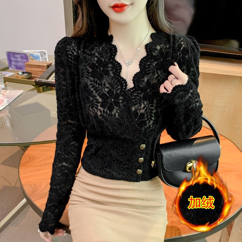 Picture of 2023 Autumn and Winter New Collar Wavy Edge Shirt Lace Shirt Women's Western Style Slim Fit Slimming fleece-lined Thickened Base Shirt
