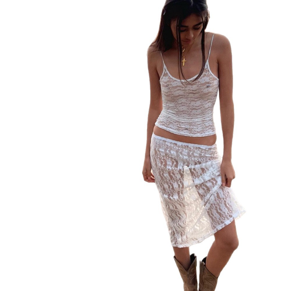 Picture of European and American ins style lace perspective suspenders 2023 summer new women's slim fashion small vest wholesale