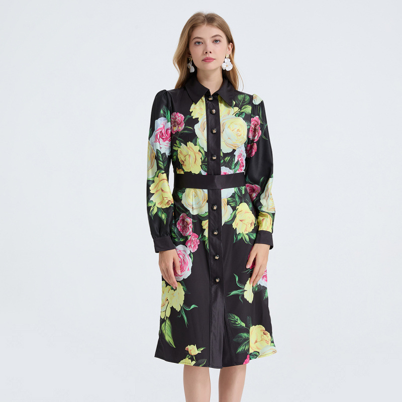 Fall 2025 European and American women's clothing new rose print spliced slim high-waisted dress shirt collar long sleeve skirt