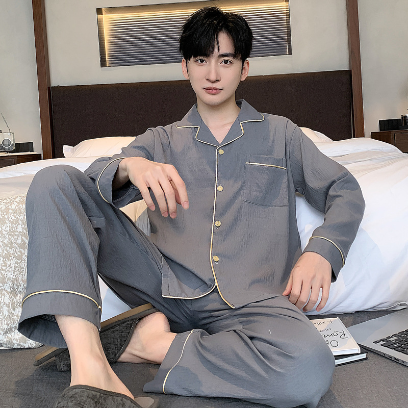 Cool feeling day silk cool cotton pajamas men's spring and autumn long sleeve trousers cardigan Korean solid color large size home suit