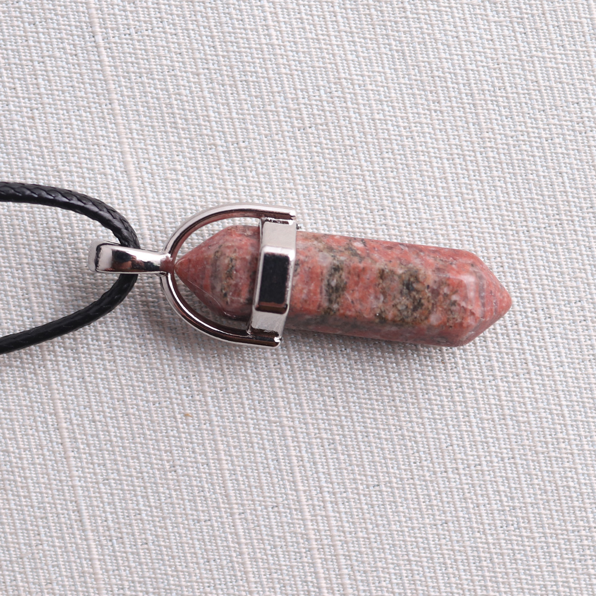 Picture of Natural Stone Hexagonal Pendant European and American Natural Crystal Hexagonal Prism Bullet Hexahedral Black Wax Rope Necklace