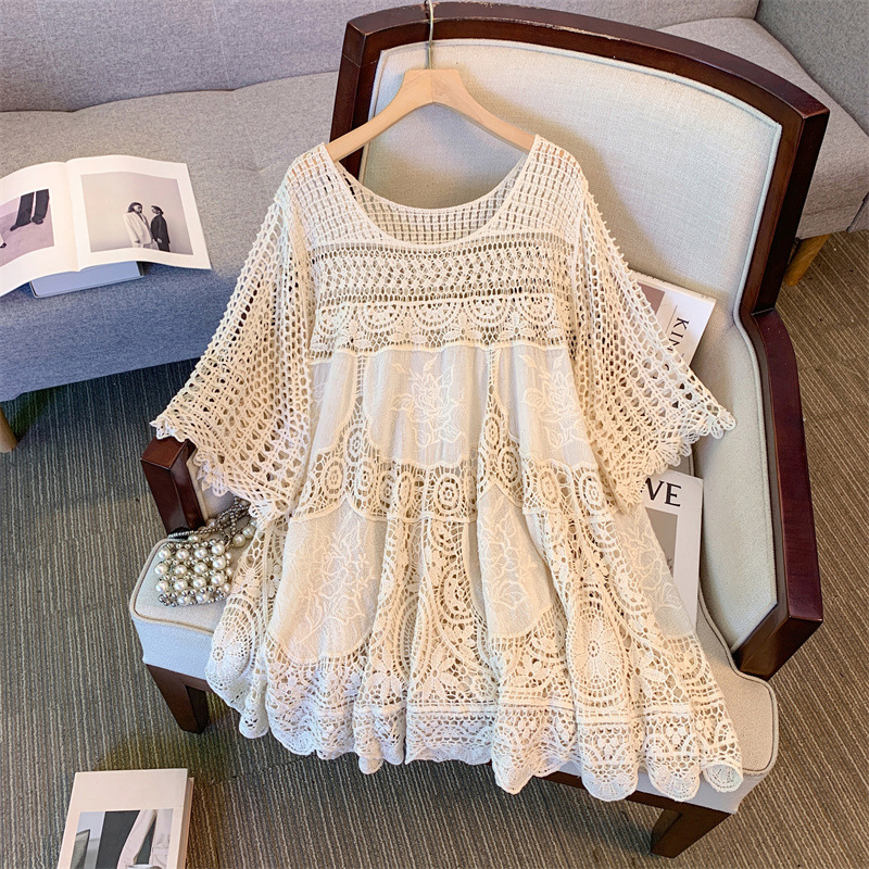 plus size Western Style Loose Hollow Crochet Dress Women's Summer Chubby Girl Design Sense French Style Lazy Slimming dress