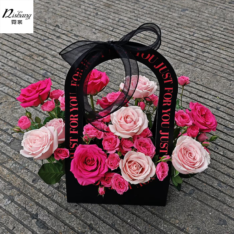 Simple English Folding Portable Flower Box Rectangular Flower bouquet Handbag Flower Art Class Flower Arrangement Packaging Box Portable Flower Basket