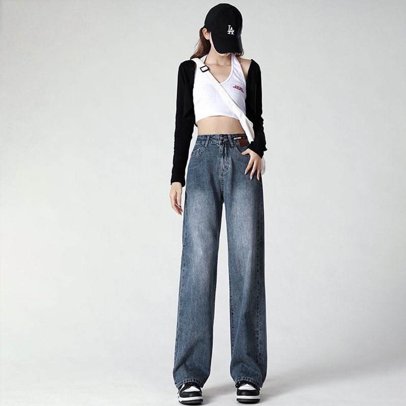 Autumn and Winter Casual All-match Design Sense Leather Brand Retro Jeans Women's Old Loose Straight Pants with Wide Legs