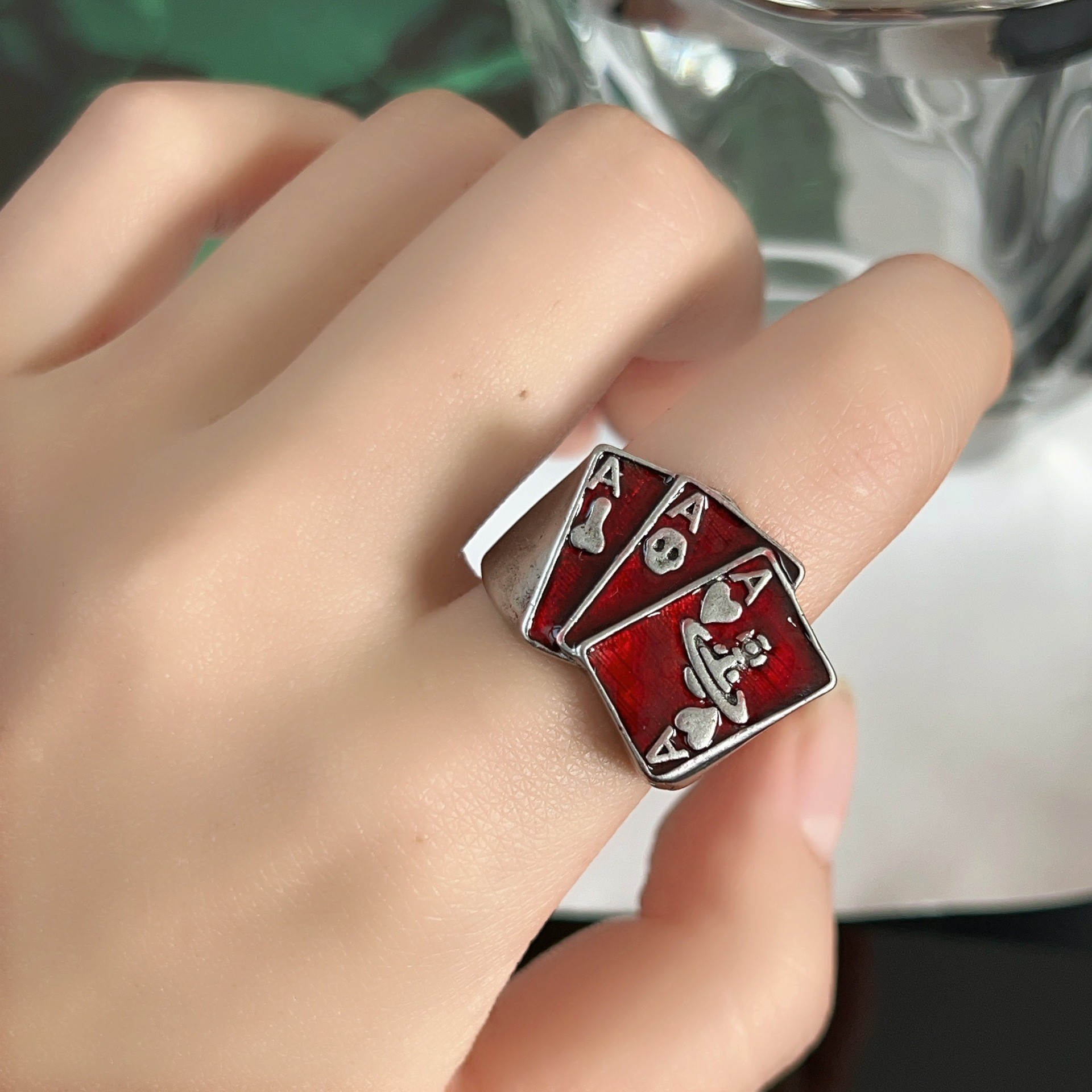 European and American Fashion Ring Saturn Series Two-Dimensional Oil Dripping Silver Punk Style Playing Card Saturn Open Ring
