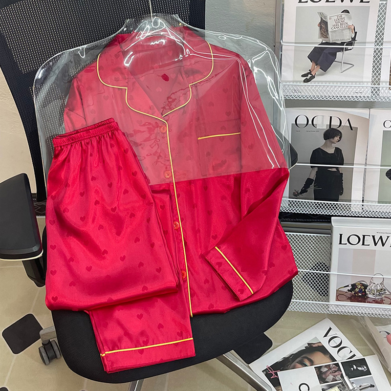 New red hearts wedding pajamas women ice silk red lovers suit spring and summer this life year gift high-end pajamas wholesale