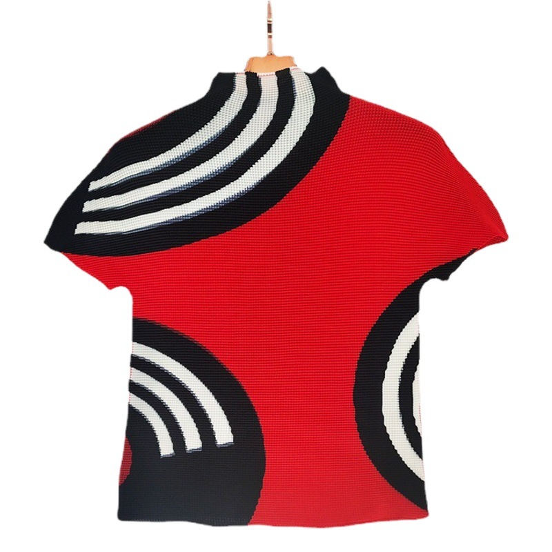 Pleated short-sleeved top women's half turtleneck 2022 summer new fashion Sanzhai printed slim fit slimming T-shirt small shirt
