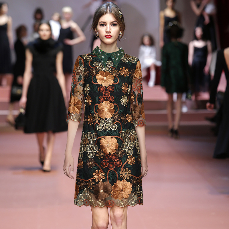 Picture of Lapel Beaded Three-point Sleeve Heavy Industry Mesh Embroidery A- word Loose Plus Size Retro Dress One-step Skirt
