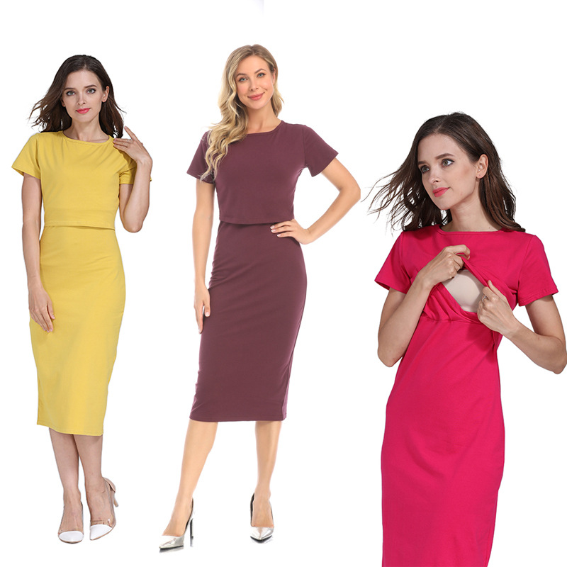 Picture of European and American Summer Fashion Short-sleeved Pregnant Women's dress Elastic Slim-fit Pure Cotton Out-going Postpartum Breastfeeding Skirt plus size Women's Clothing