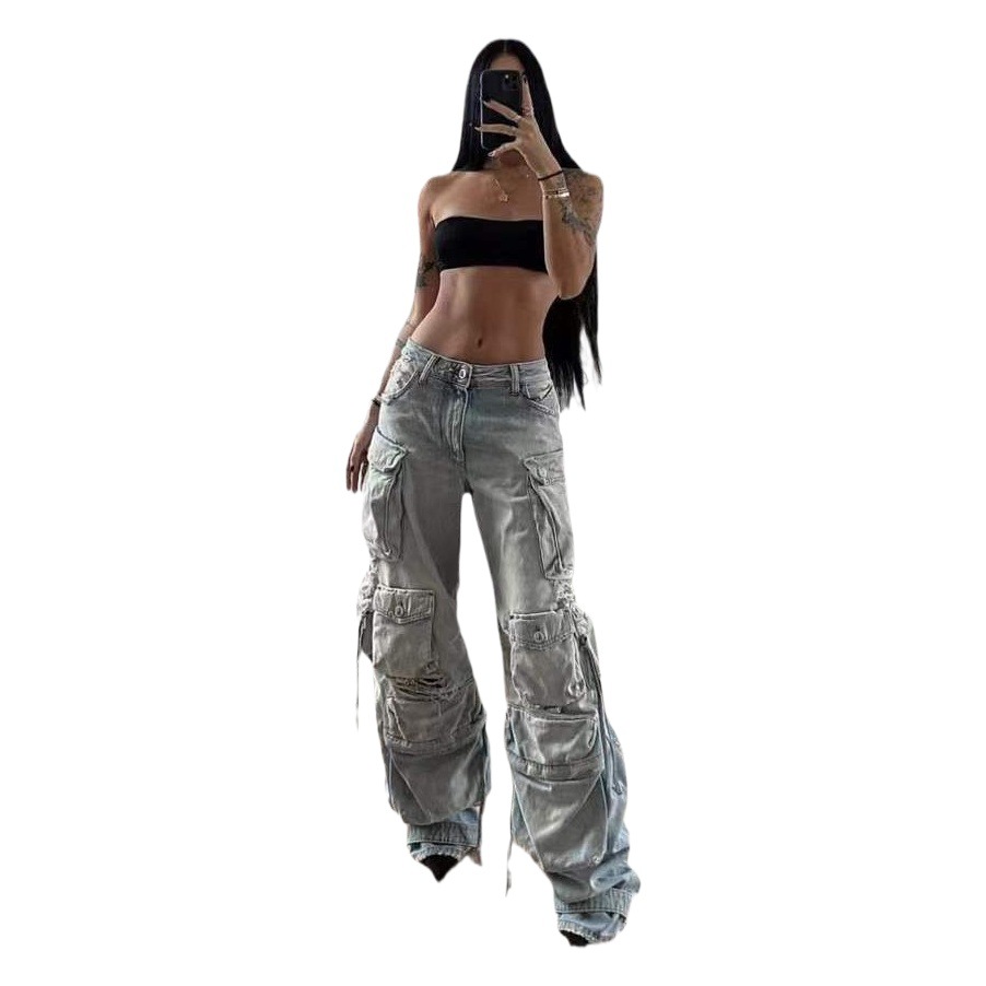 Niche Design Sense All-match Slim-fit Straight Loose Pants Ripped Washed Heavy Industry Multi-pocket Tooling Jeans for Women