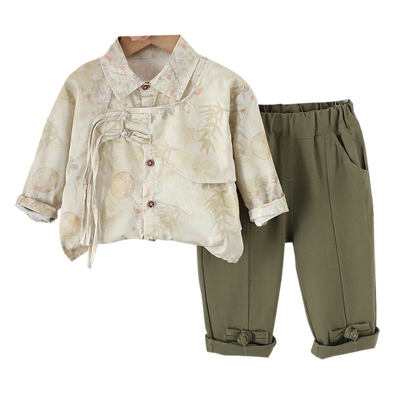 New children's Korean style western style fried Street fan buckle shirt long sleeve two-piece suit boys' spring clothes Chinese style suit
