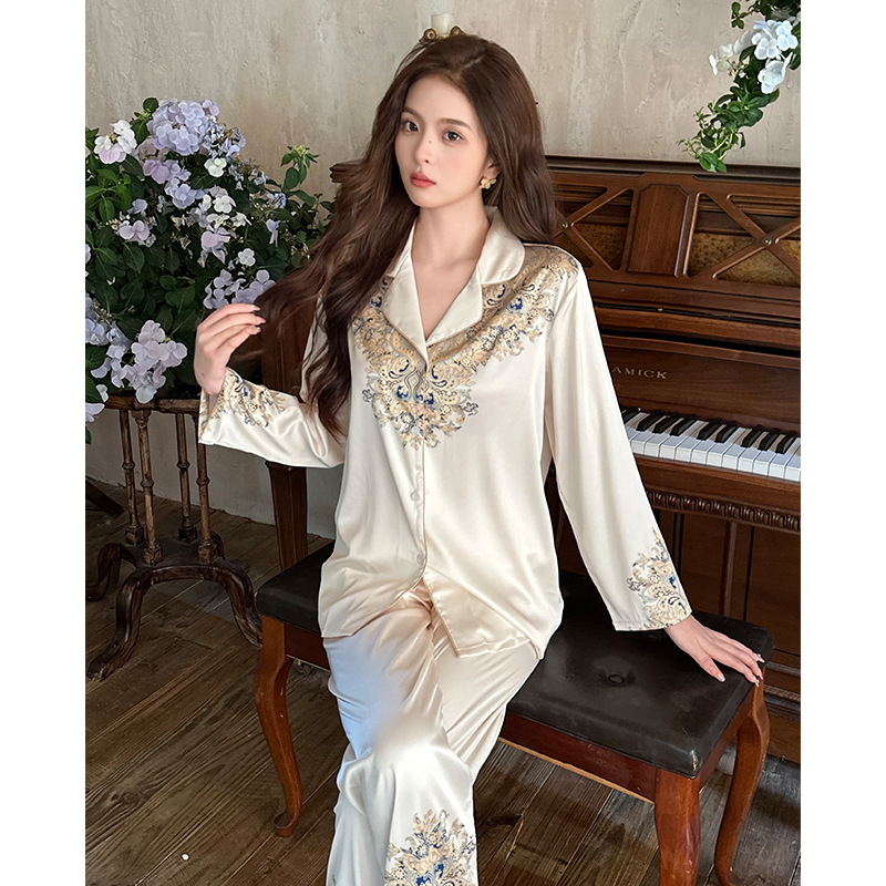 Rich Flower Light Luxury Dummy Style Women's Pajamas Spring and Summer Long Sleeve Ice Silk Cool and Comfortable Home Clothes suit