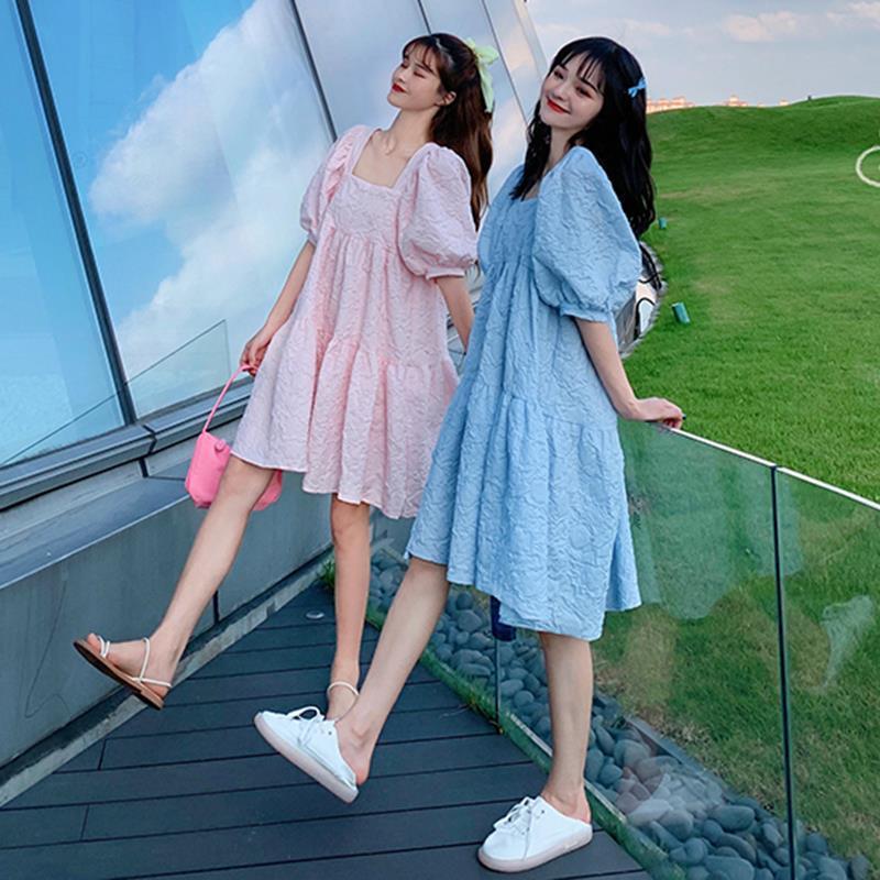 Maternity Spring/Summer New French Sweet Square Neck Puff Sleeve A-Line High Waist Slimming Loose Sweet Dress for Friends