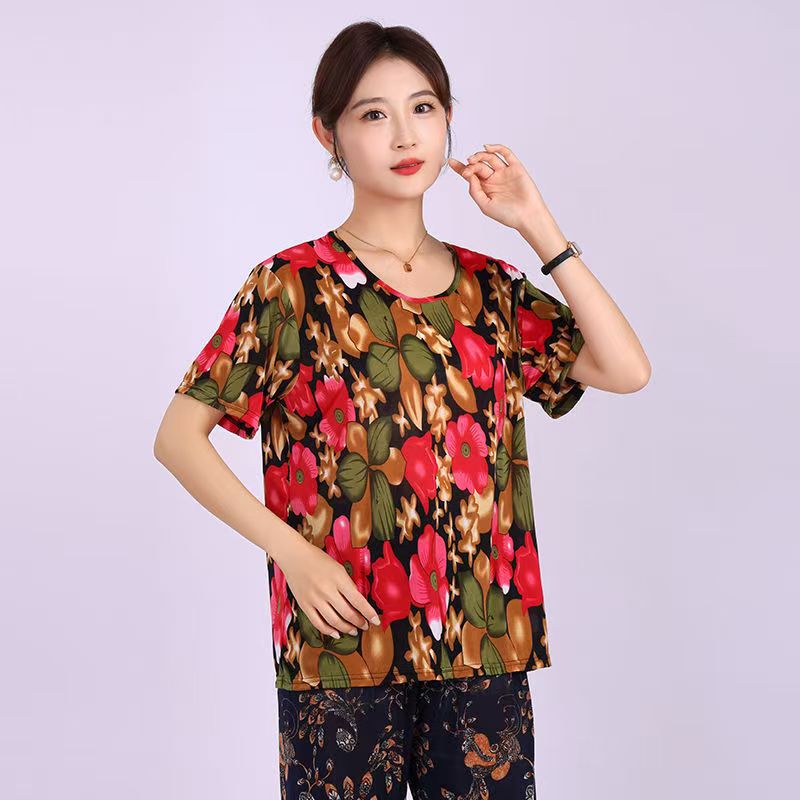 Picture of Middle-aged summer short-sleeved women's T-shirt mother outfit for the elderly loose elastic casual round neck plus size ice silk wholesale