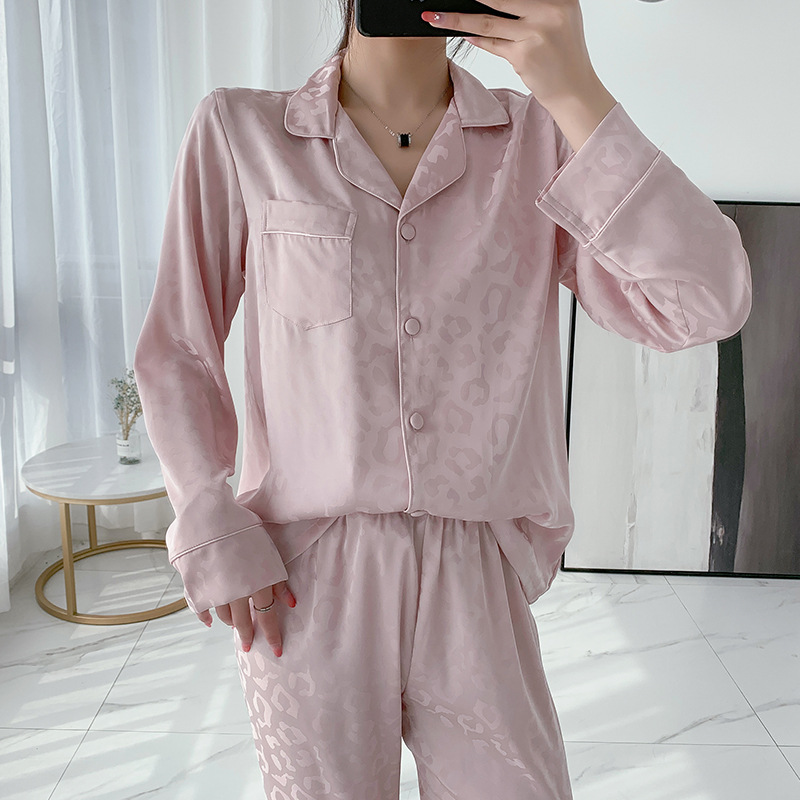 Spring New Women's Ice Silk Long-sleeved Trousers Cardigan Pajamas Three-dimensional Jacquard Leopard Sweet Home Clothes Two-piece Set