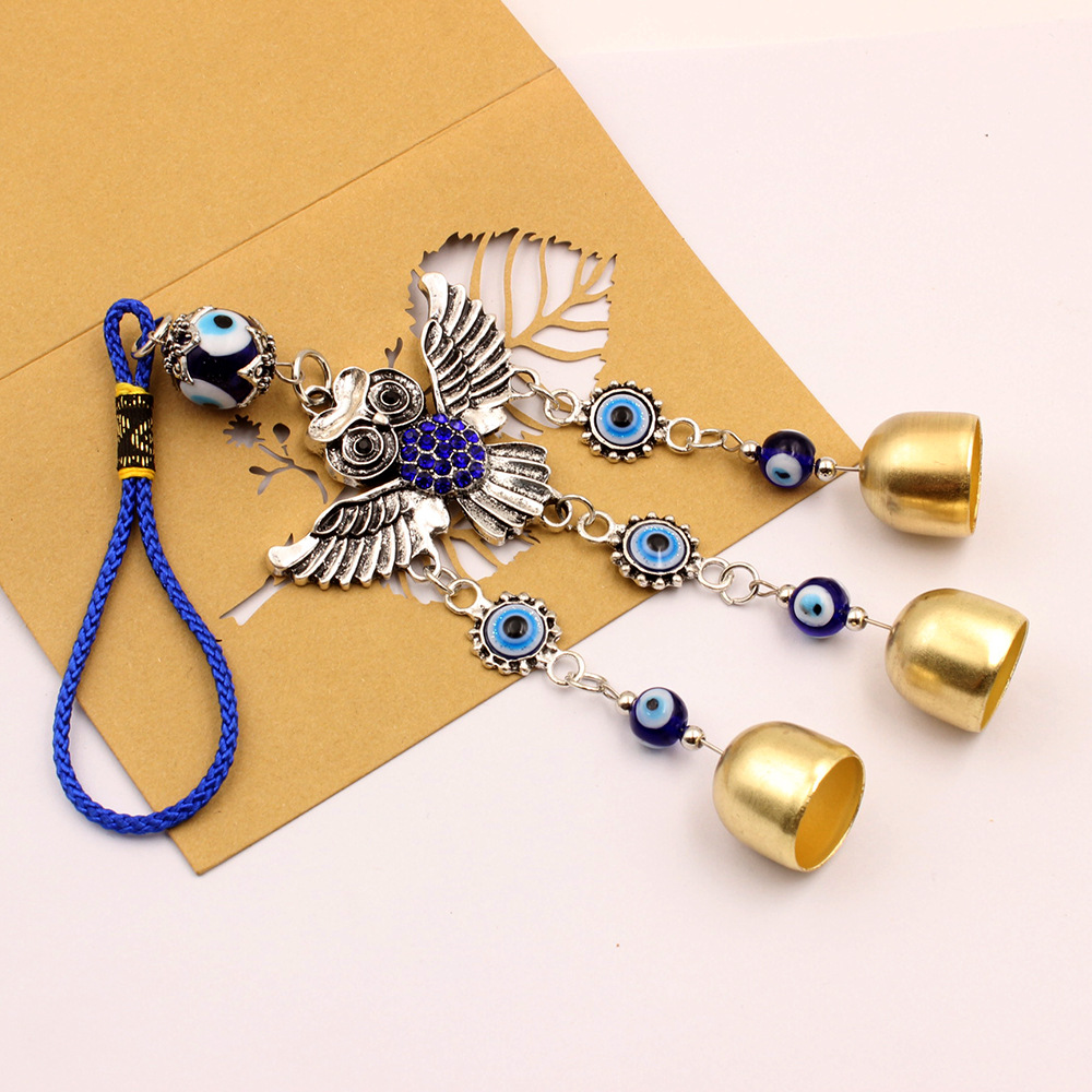 Picture of Alloy Spread-Winged Owl Blue Diamond Copper-Colored Bell Blue Pendant Evil Eye Car Hanging Ornament