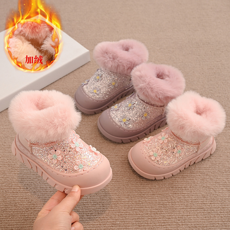 Girls snow boots children's cotton shoes 2024 winter new fleece-lined thick baby autumn and winter boots