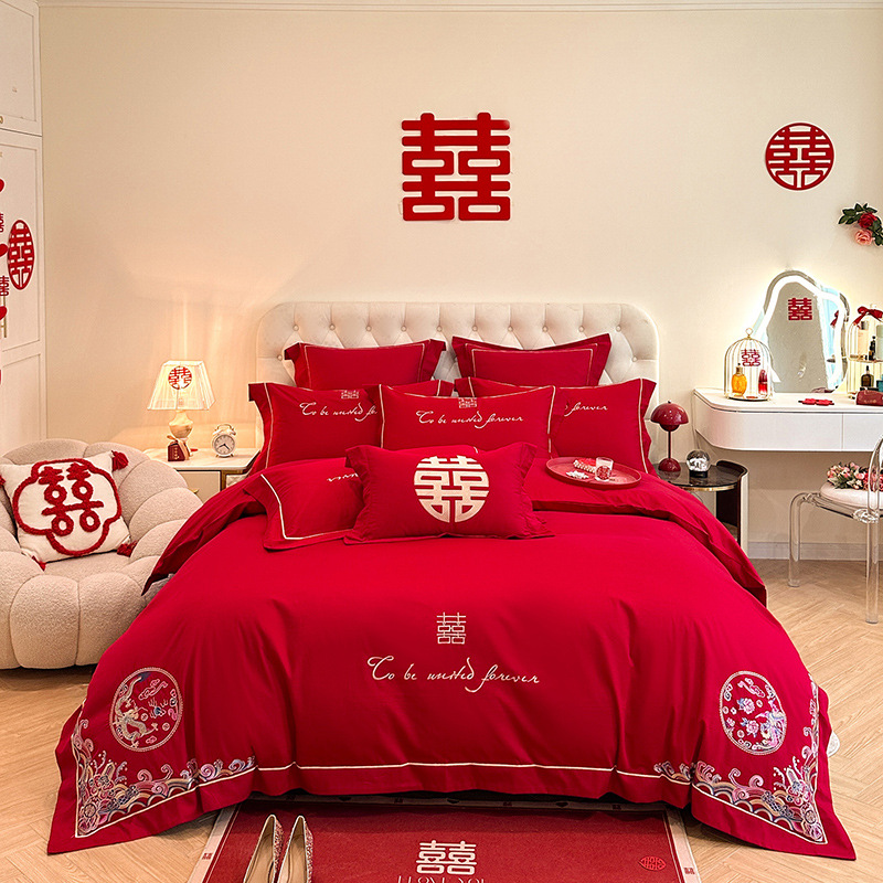 Picture of High-end European-style Wedding Four-piece Cotton Big Red Embroidered Sanding Quilt Cover Wedding Bedding Accompanying Wedding Room