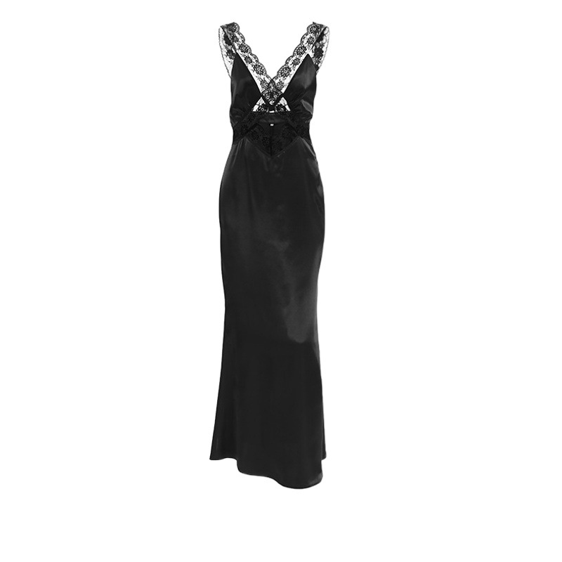 European and American Elegant Fashion Black Lace Stitching Sling Long Dress Women's Design Sense V-neck Hip Dress Summer dress