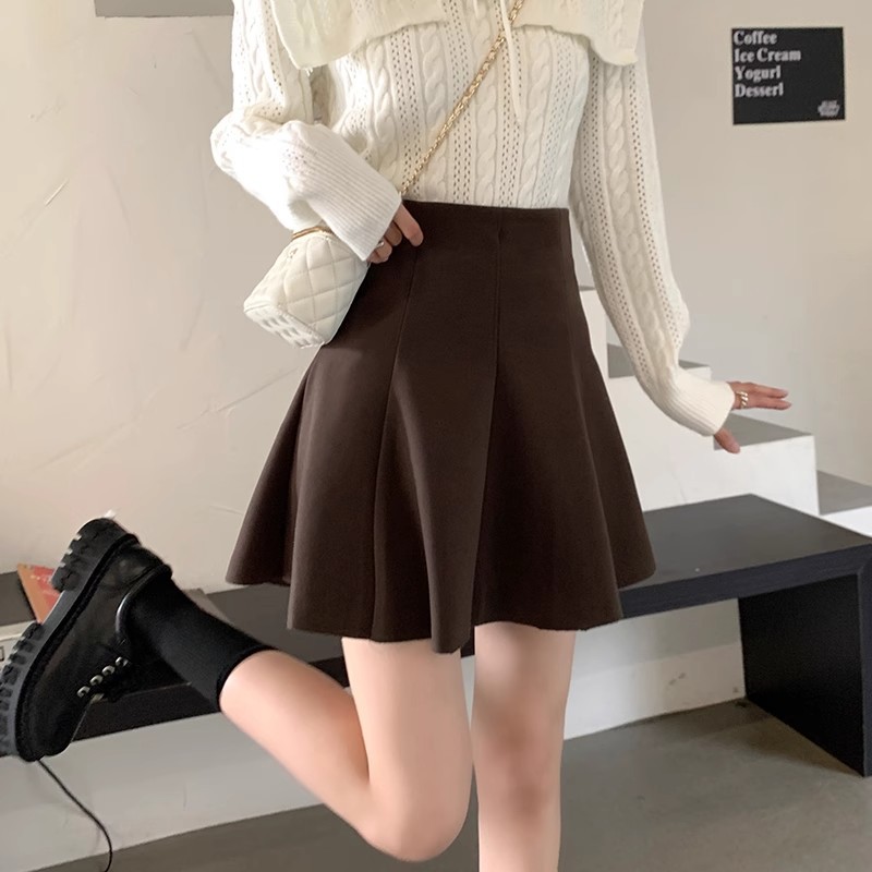 Woolen Skirt Women's Autumn and Winter Sweater Small High Waist A- Line Pleated Skirt 2024 New Umbrella Skirt