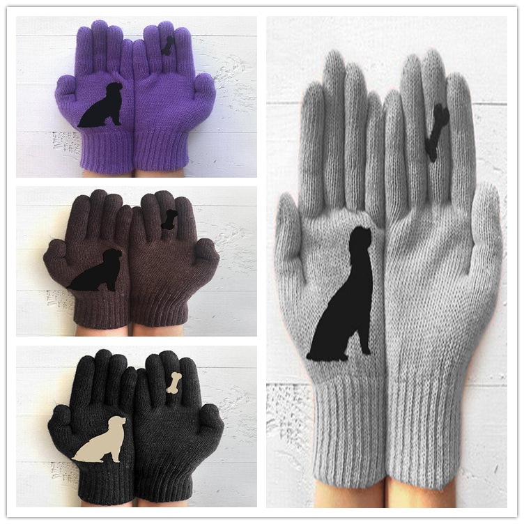 Foreign trade supply wish ladies wool gloves autumn and winter finger warm fun puppy bone cute printed gloves
