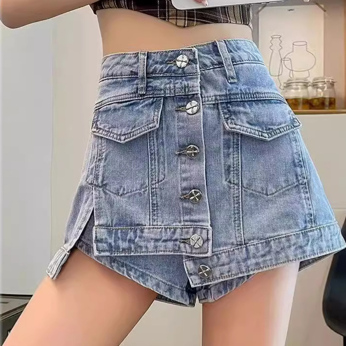 Picture of High waist Denim shorts women's pants skirt Summer 2024 New plus size A- line slimming anti-exposure sheath half-length shorts