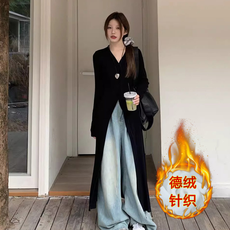 Black Sunscreen Long Sleeve Knitted Cardigan Jacket Women's 2024 Spring and Autumn New High-end Sense Long Split Top Clothes