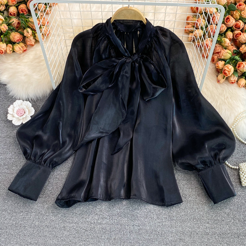 Picture of Cross-border 2023 New Super Fairy Loose Belly Covering Bow Lace-up French Large Size Shirt Long-sleeved Elegant Top for Women