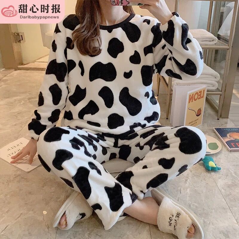 Pajamas Women's Winter Korean-style Long-sleeved Thickened fleece-lined Coral Fleece Cute Autumn and Winter Home Clothes Simple Casual suit