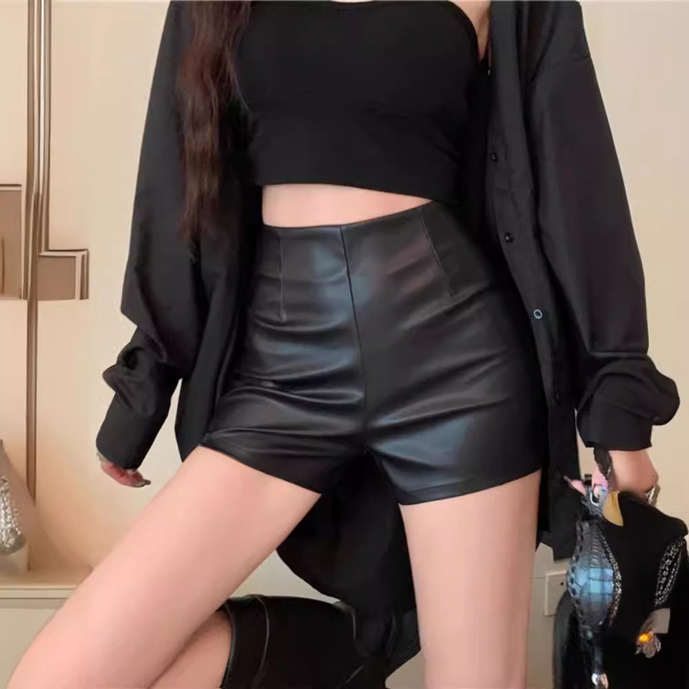 Black PU leather pants casual shorts women's autumn and winter high waist tight straight pants hot girl sexy A- line hip-wrapped hot pants