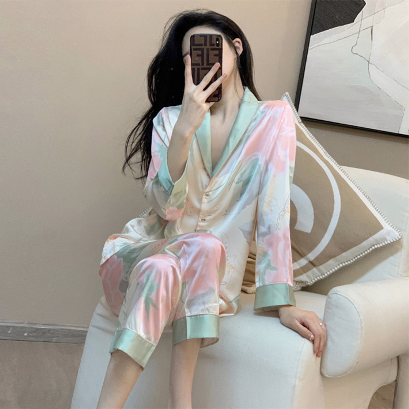 Ins K-Style Accessible Luxury Style Long-Sleeved Pajamas for Women Gradient Floral New Popular Live Broadcast Cardigan Imitation Silk Home Clothes