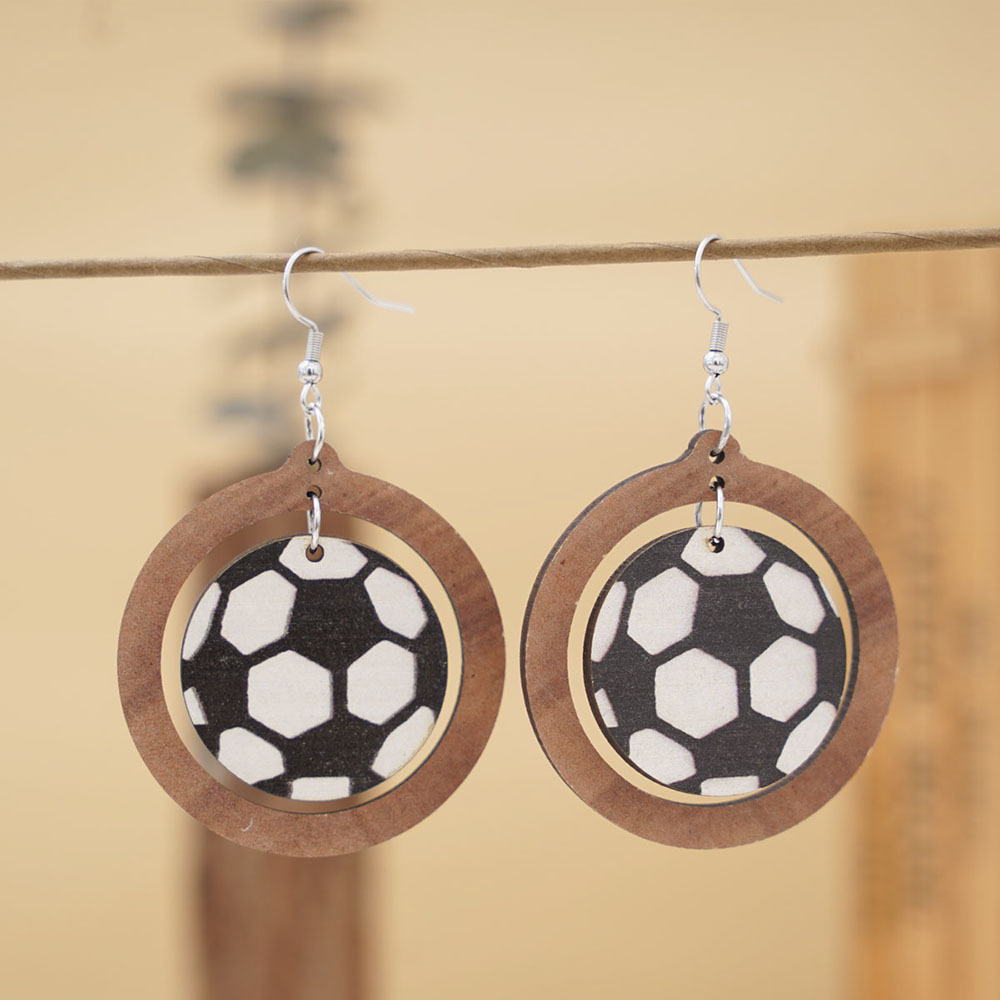 Picture of European and American Cross-border New Football World Cup Earrings Geometric Round Earrings Double-sided Wooden Earrings Sports Accessories